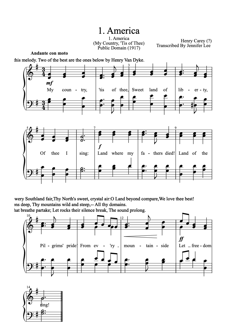Sheet music preview for America