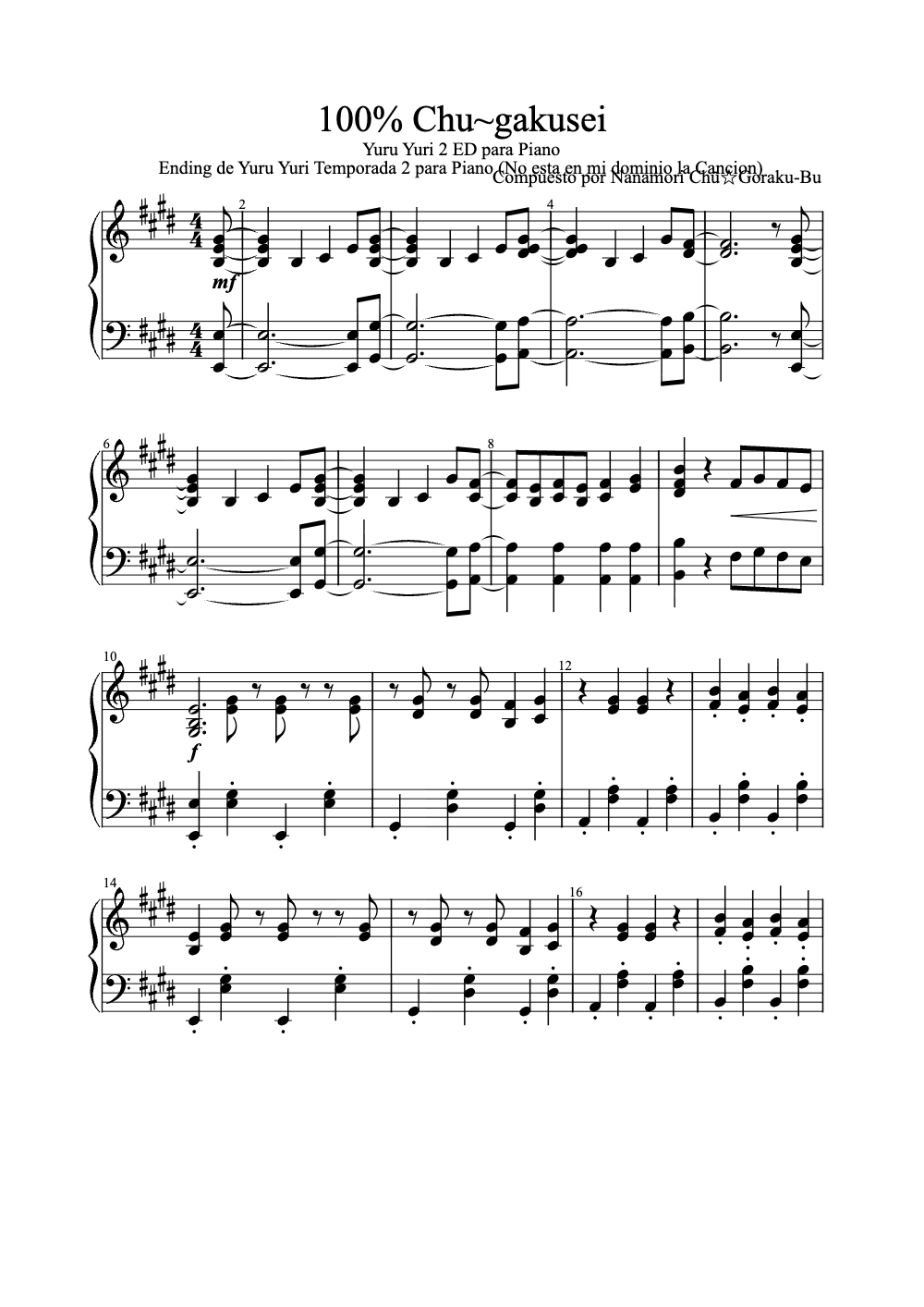 Sheet music preview for 100% Chu~gakusei