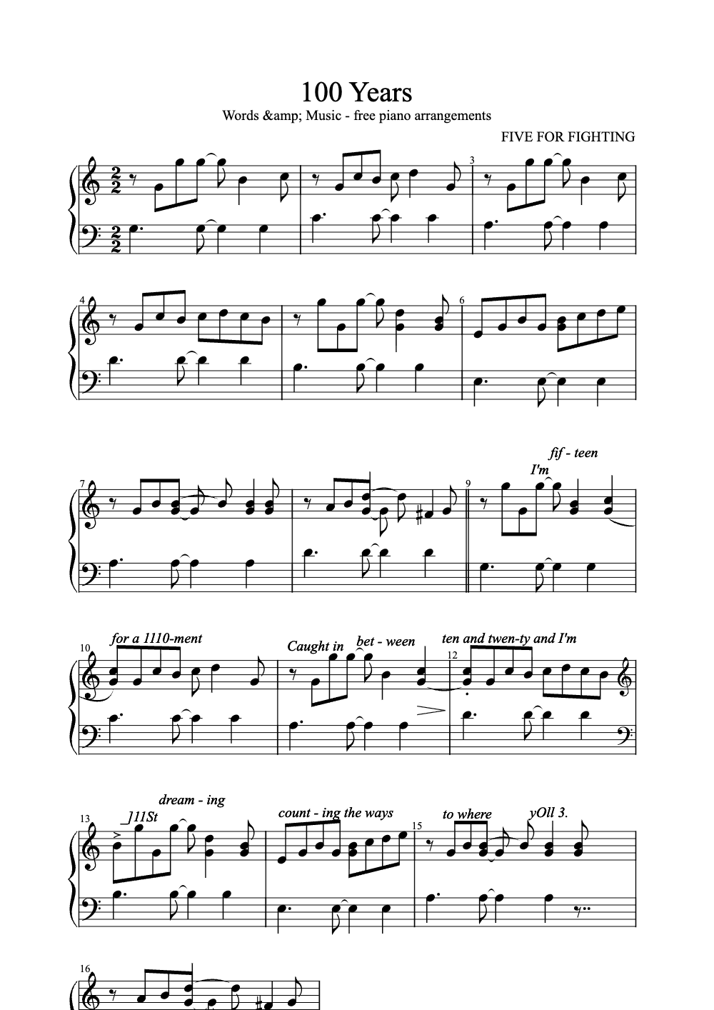 Sheet music preview for 100 Years