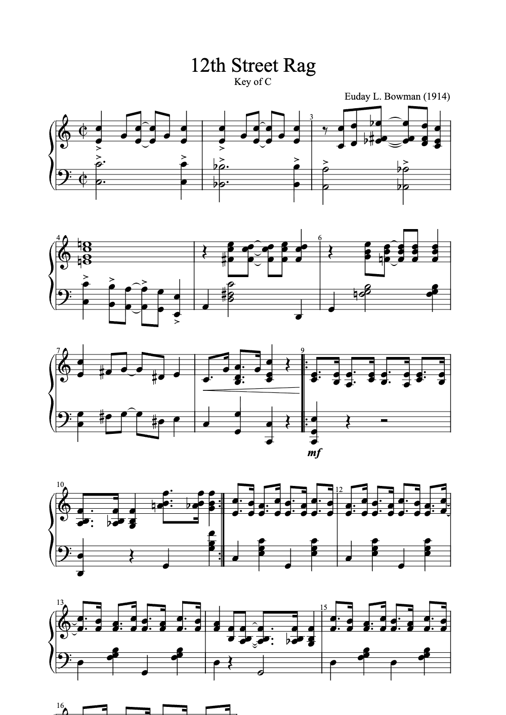 Sheet music preview for 12th Street Rag