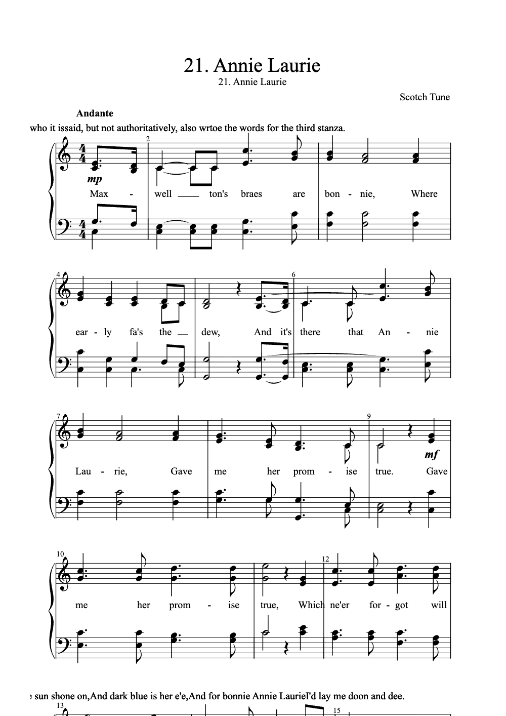 Sheet music preview for Annie Laurie