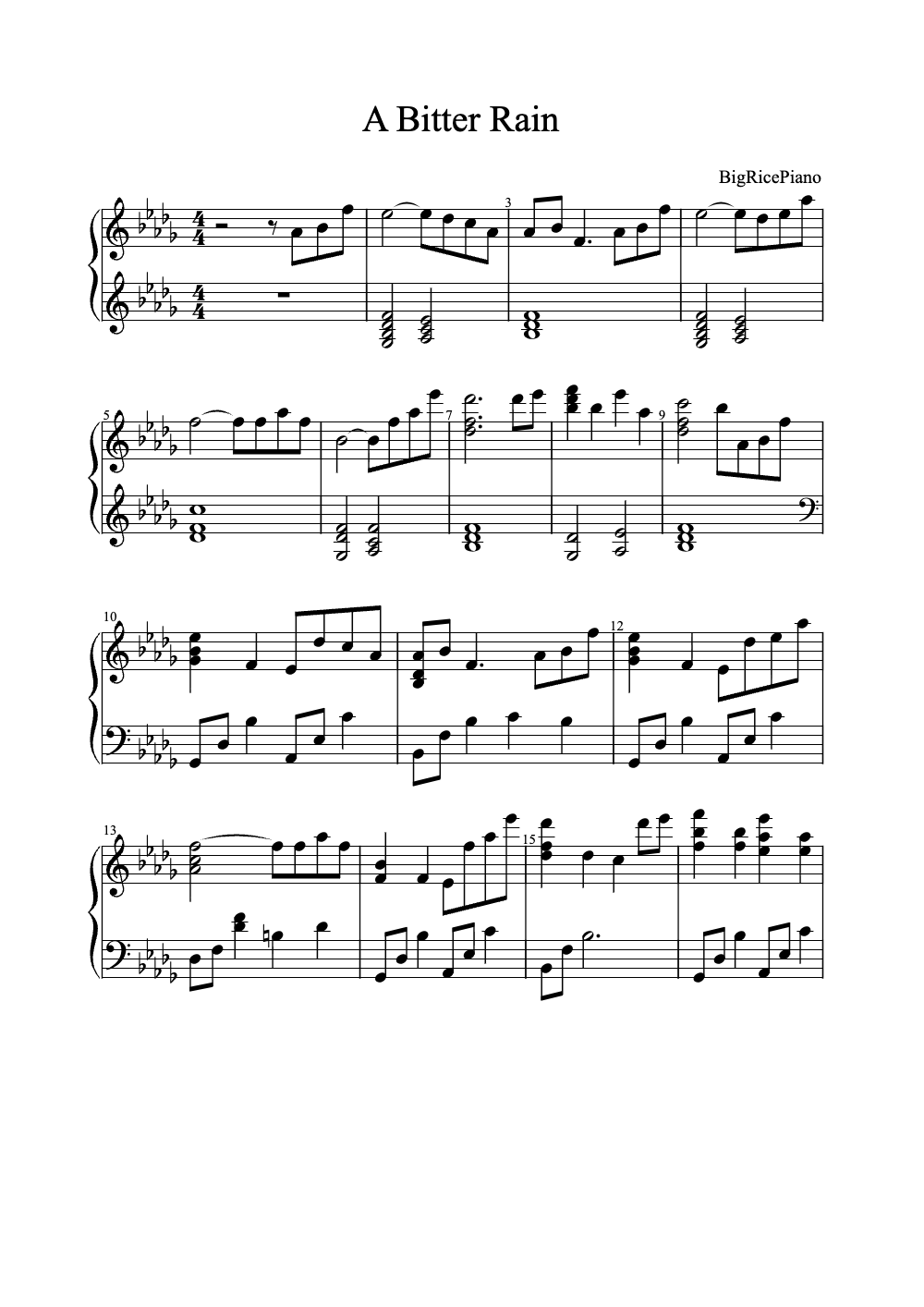 Sheet music preview for A Bitter Rain