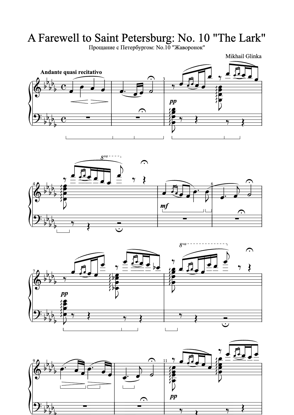 Sheet music preview for A Farewell to Saint Petersburg: No. 10 "The Lark"