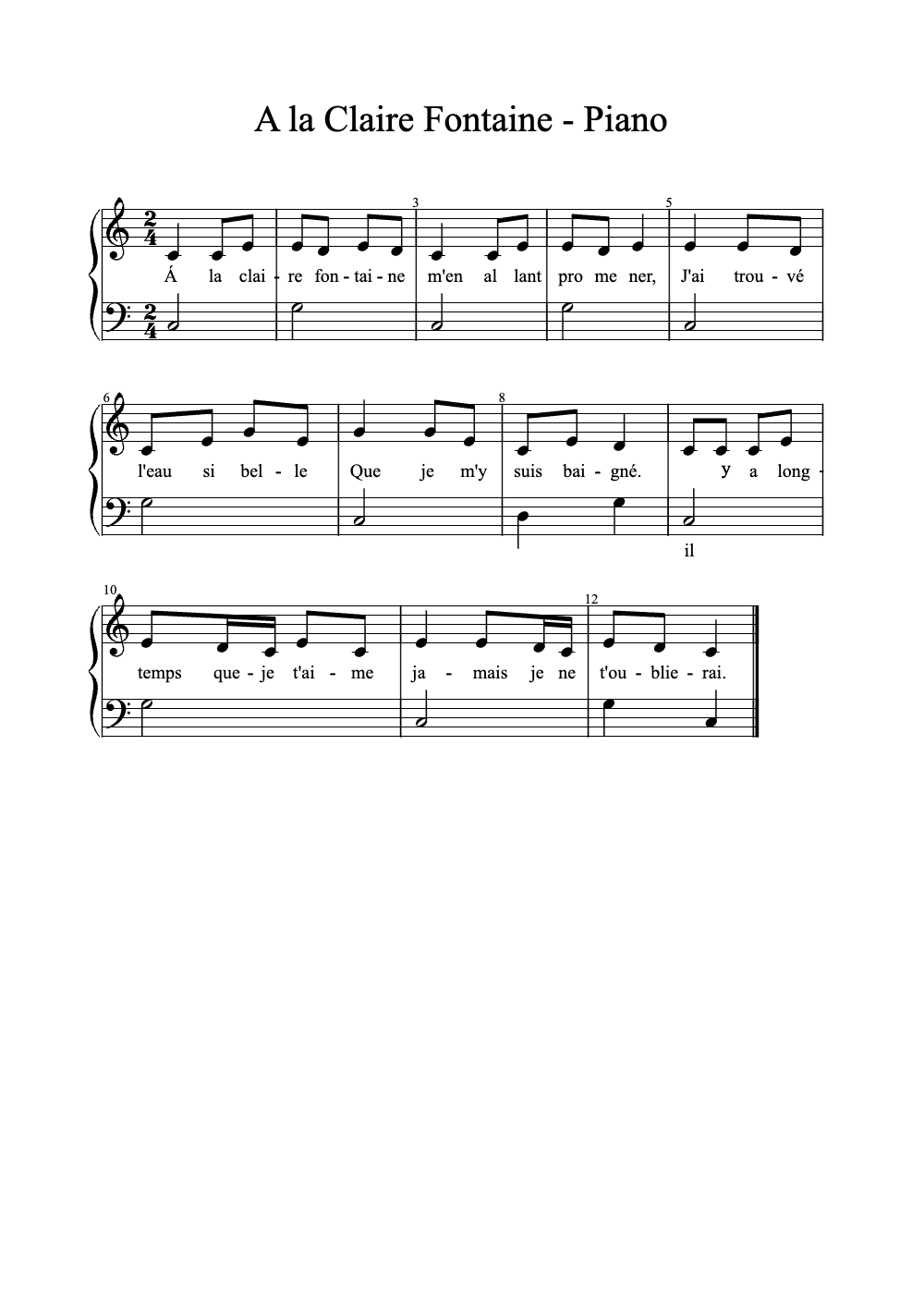 Sheet music preview for À la Claire Fontaine