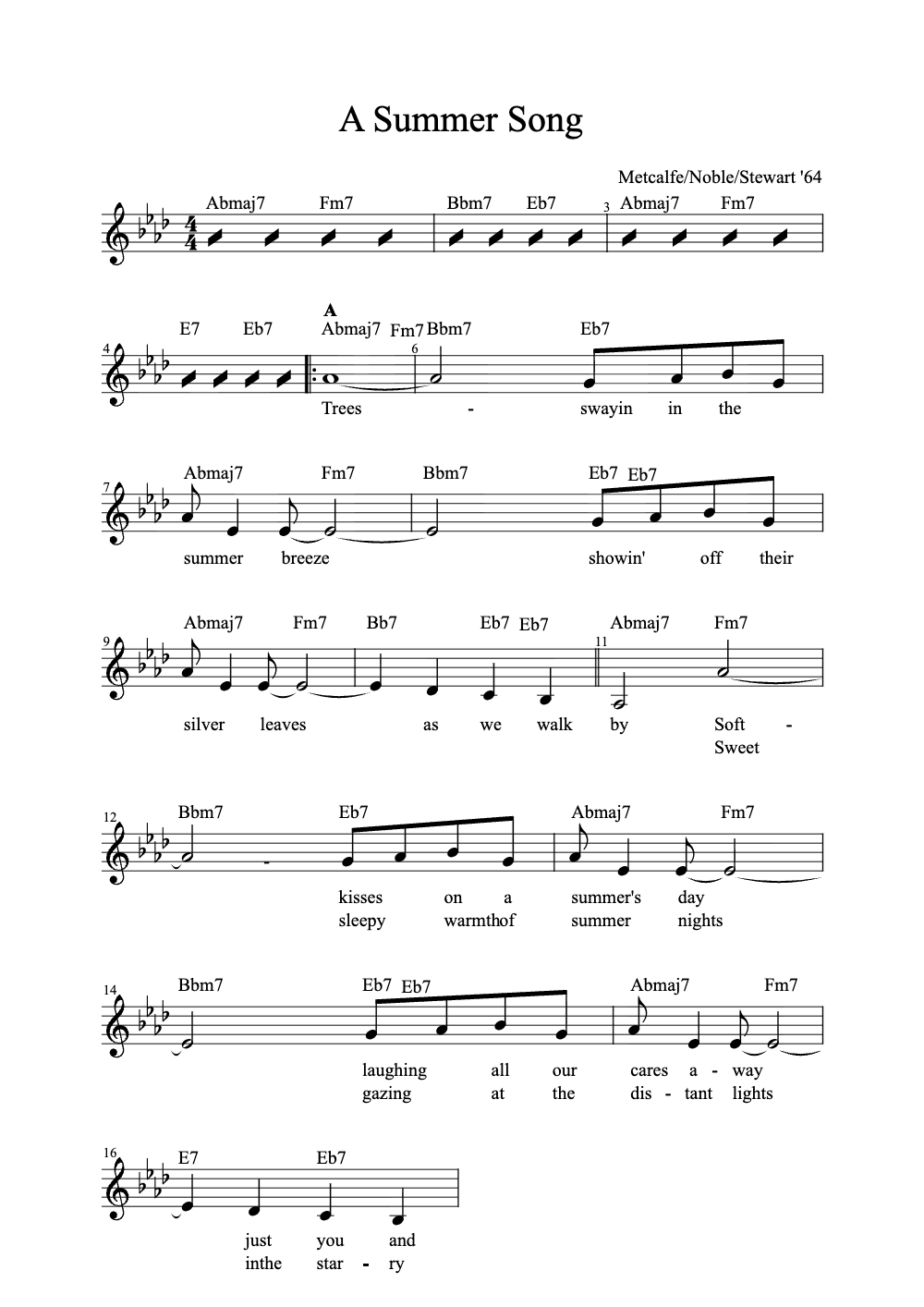 Sheet music preview for A Summer Song