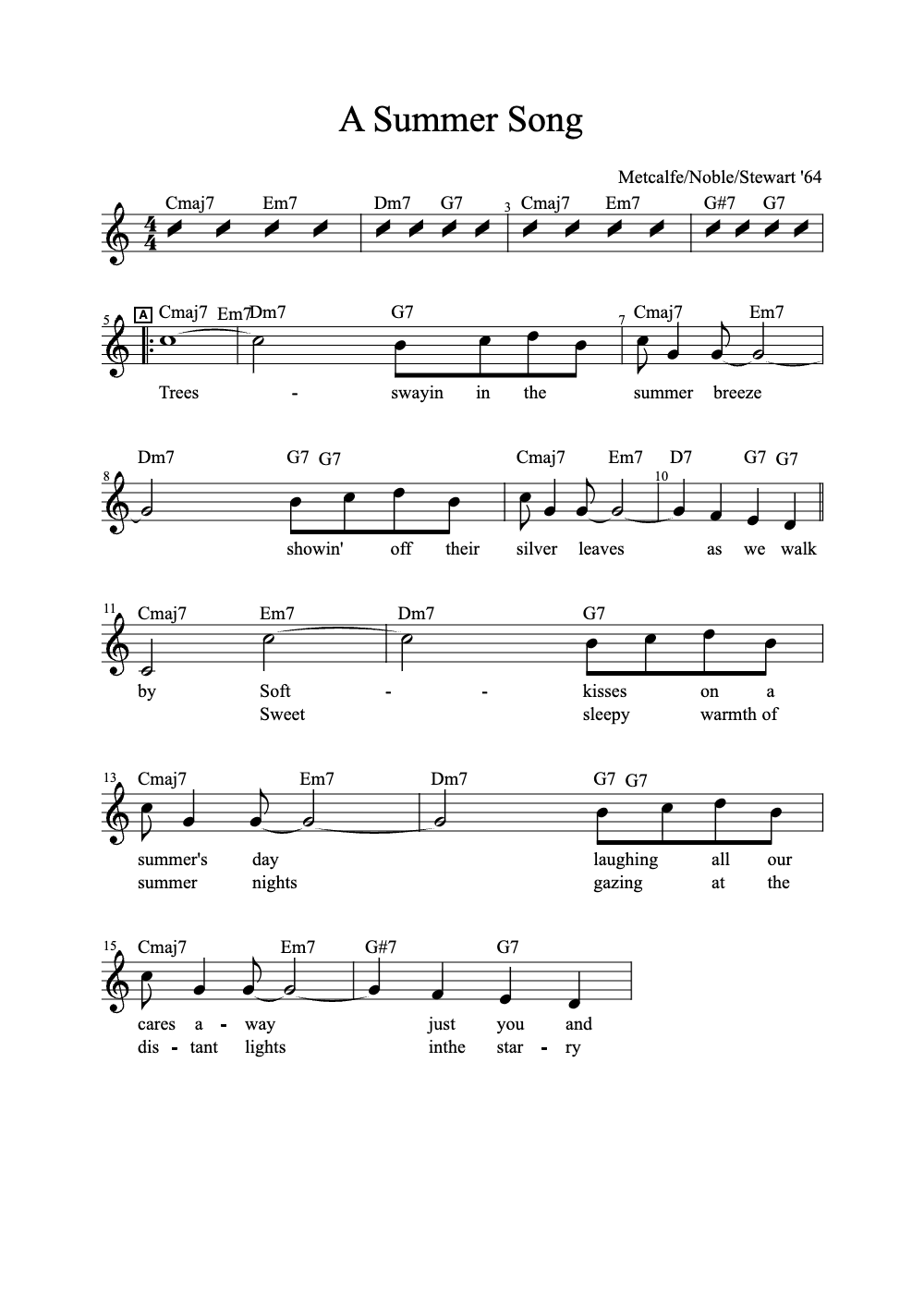 Sheet music preview for A Summer Song