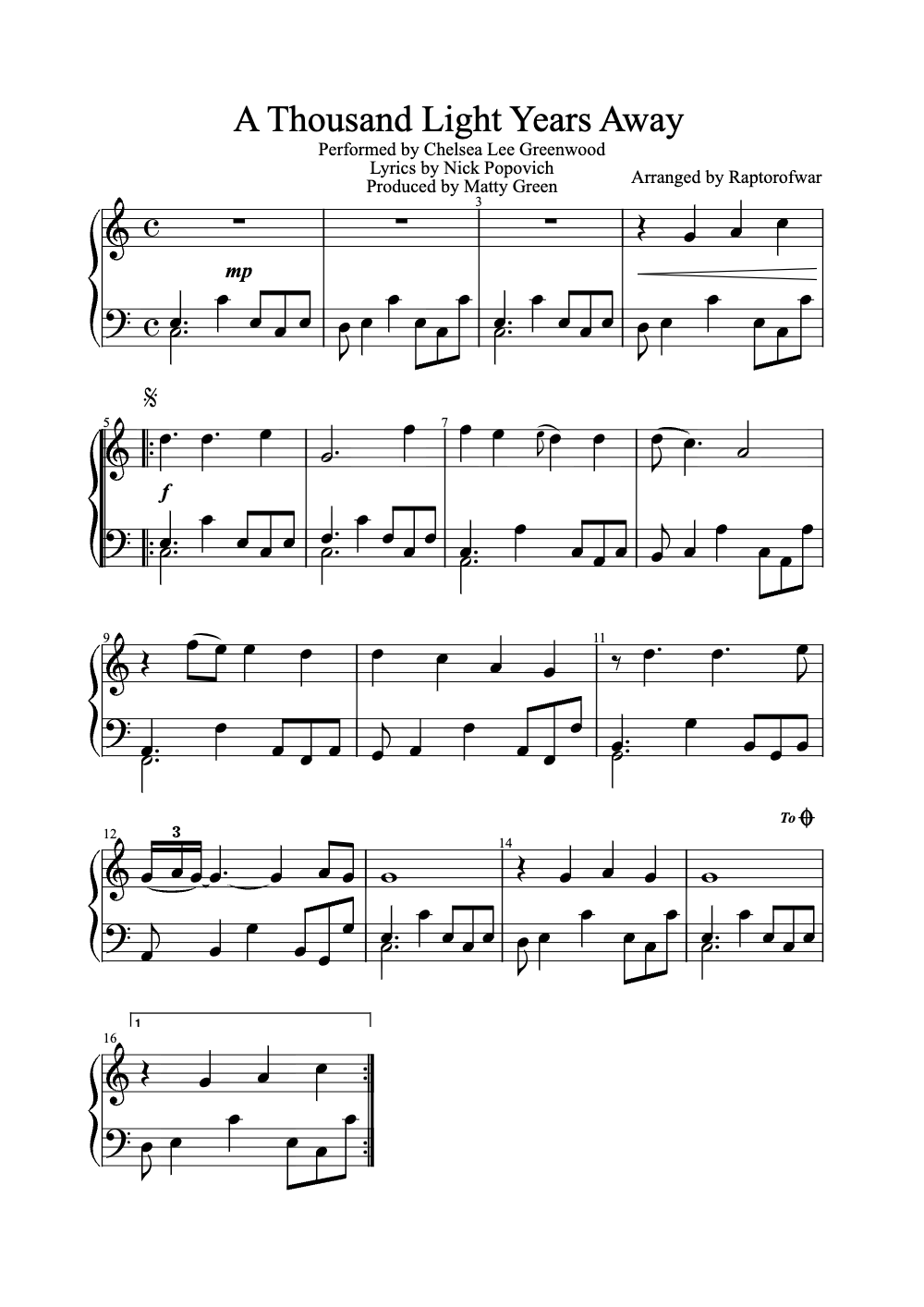 Sheet music preview for A Thousand Light Years Away