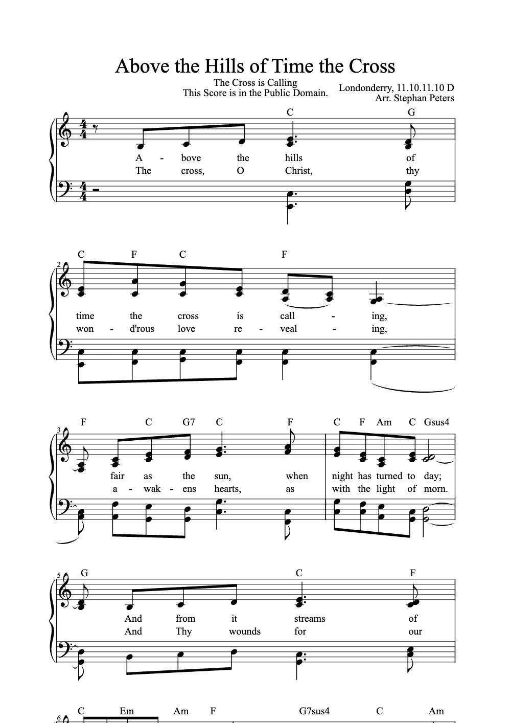 Sheet music preview for Above the Hills of Time the Cross
