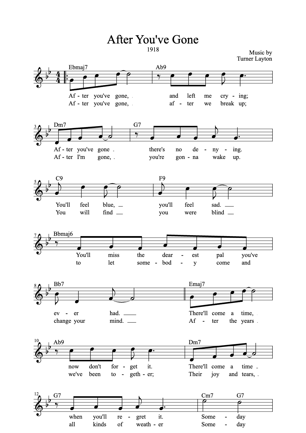 Sheet music preview for After You've Gone