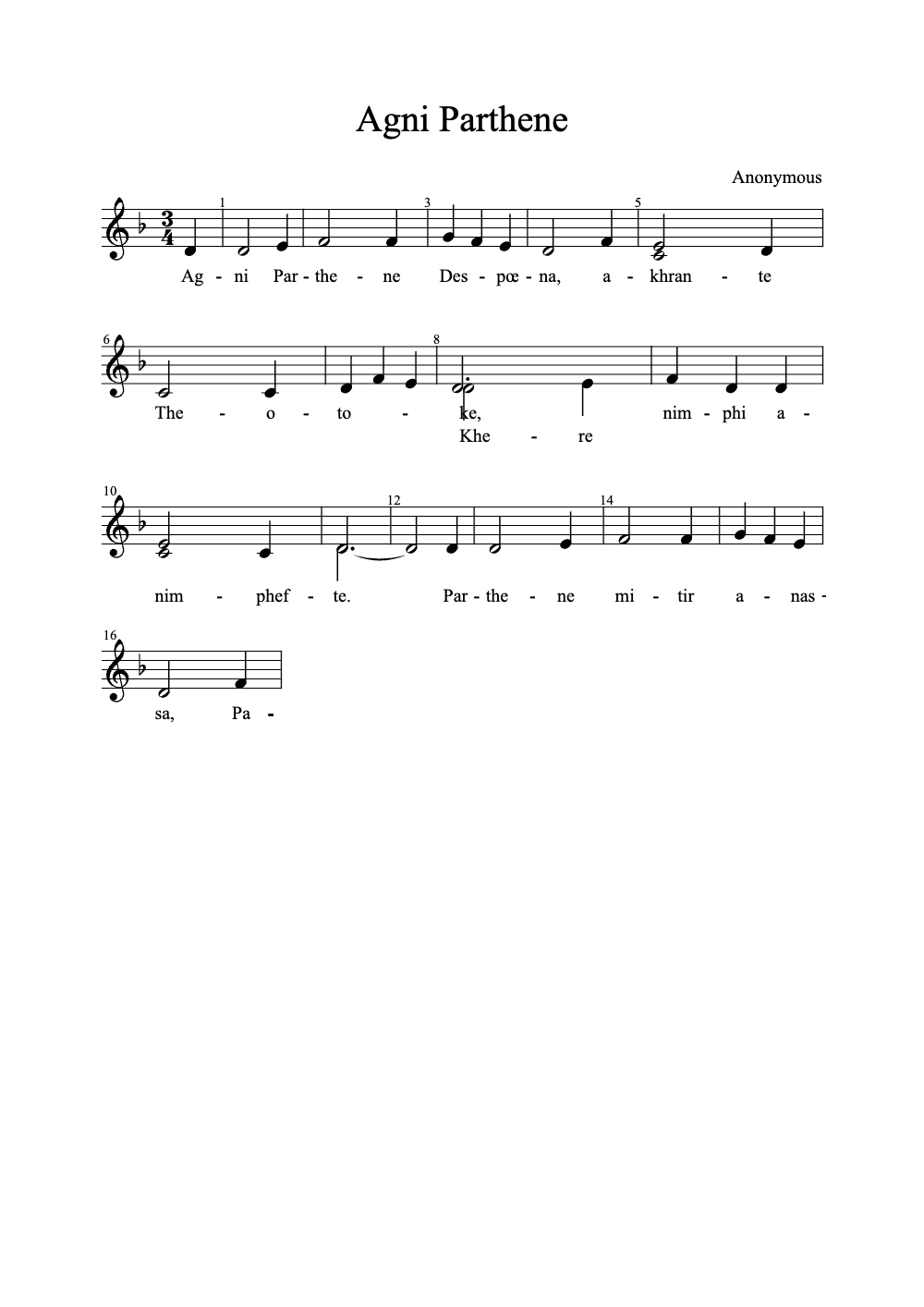 Sheet music preview for Agni Parthene