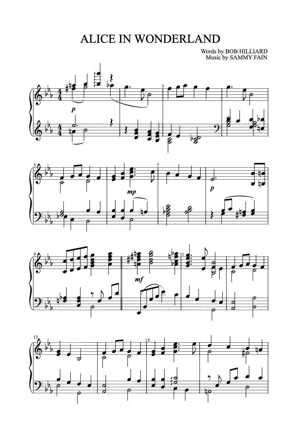 Sheet music preview for Alice in Wonderland