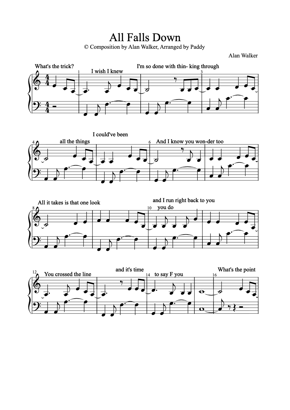 Sheet music preview for All Falls Down