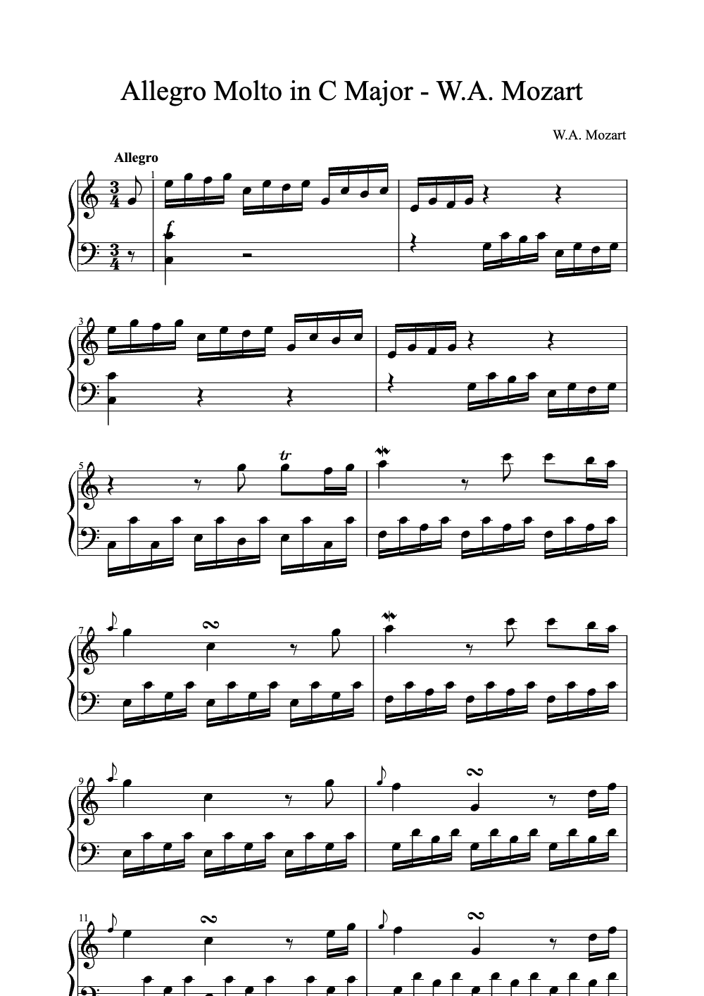 Sheet music preview for Allegro Molto in C Major
