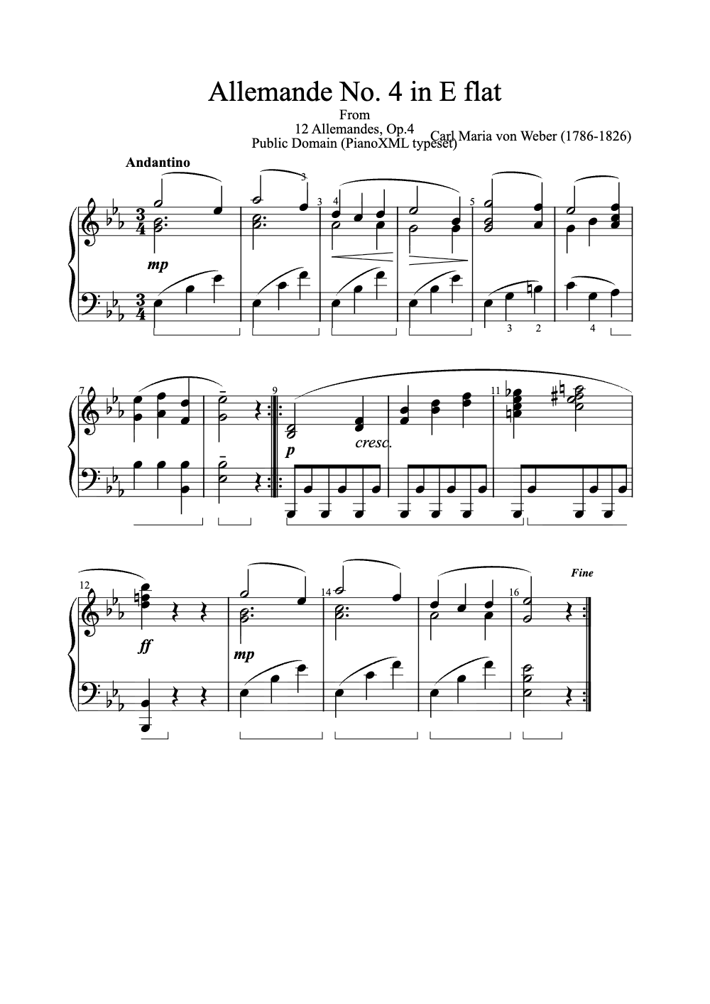 Sheet music preview for Allemande No. 4 in E Flat