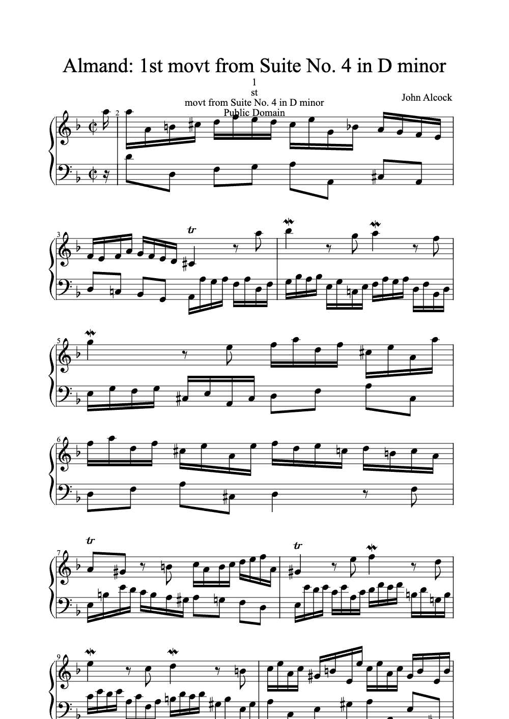Sheet music preview for Almand: 1st Movt from Suite No. 4 in D Minor