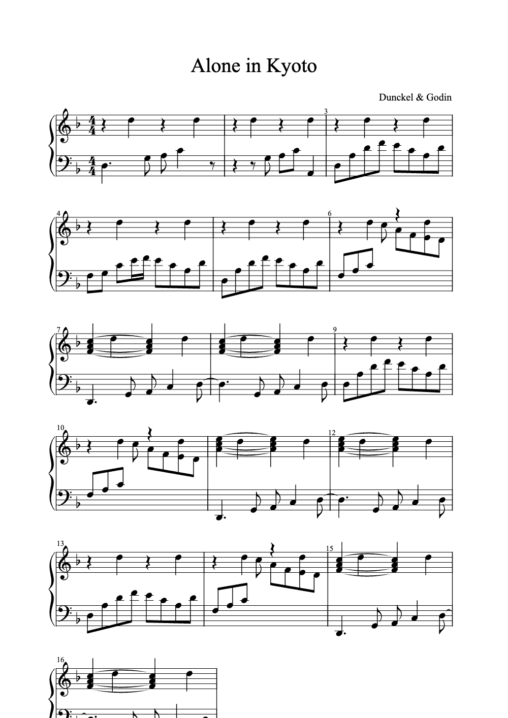 Sheet music preview for Alone in Kyoto