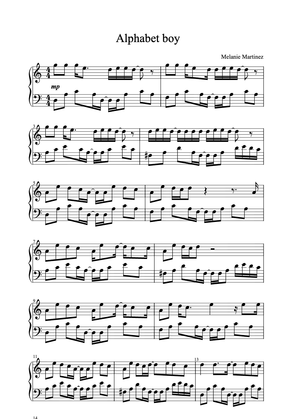 Sheet music preview for Alphabet Boy