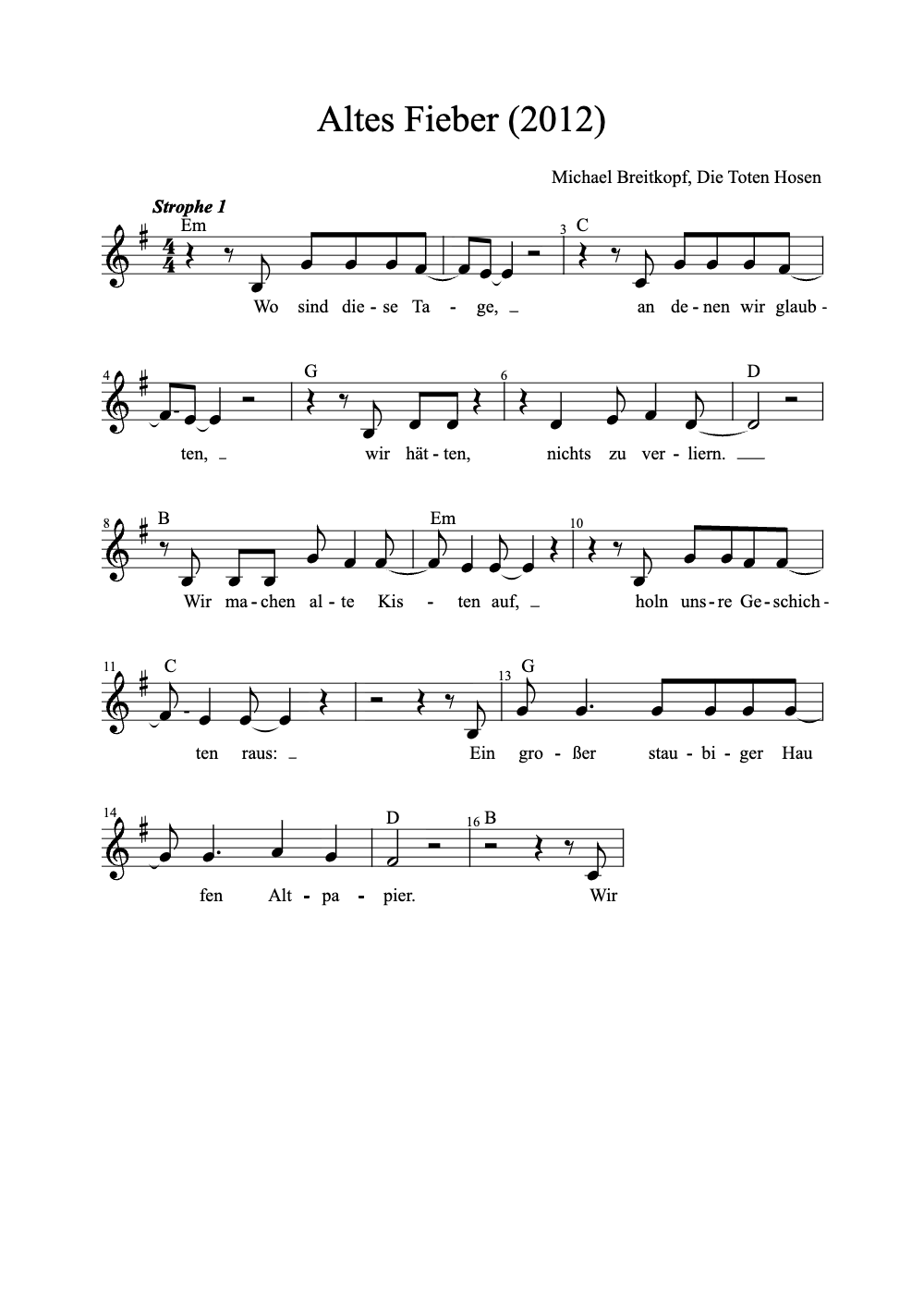 Sheet music preview for Altes Fieber