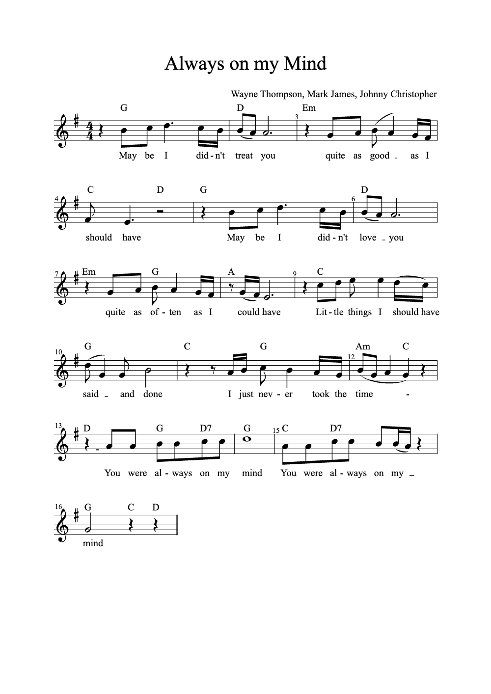 Sheet music preview for Always on My Mind