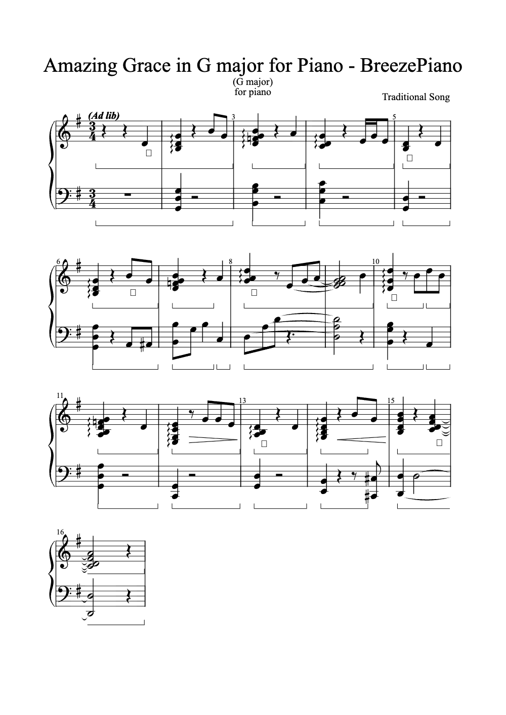 Sheet music preview for Amazing Grace in G Major