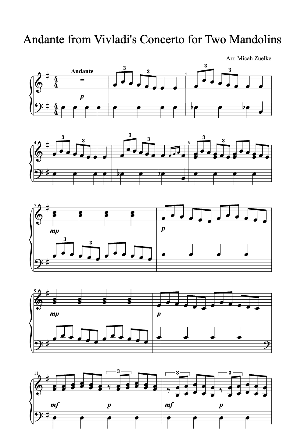 Sheet music preview for Andante from Vivaldi's Concerto for Two Mandolins