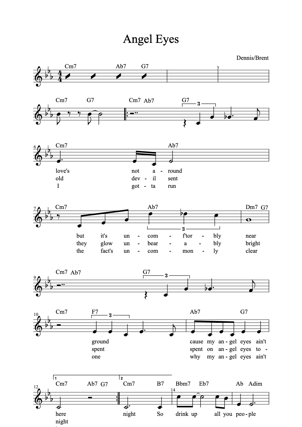 Sheet music preview for Angel Eyes