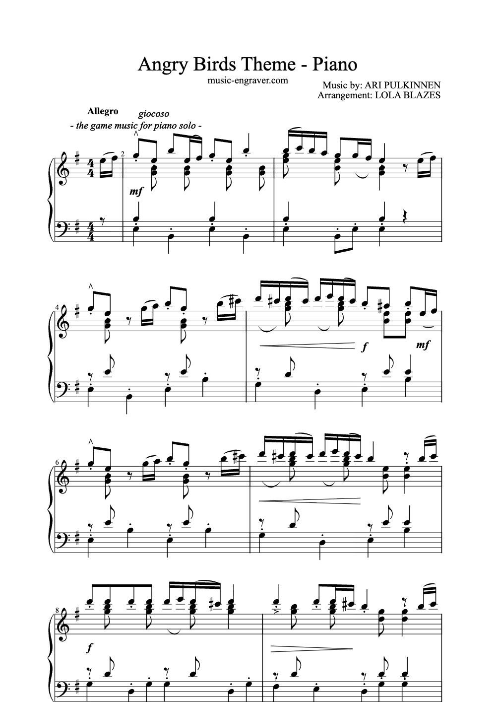 Sheet music preview for Angry Birds Theme