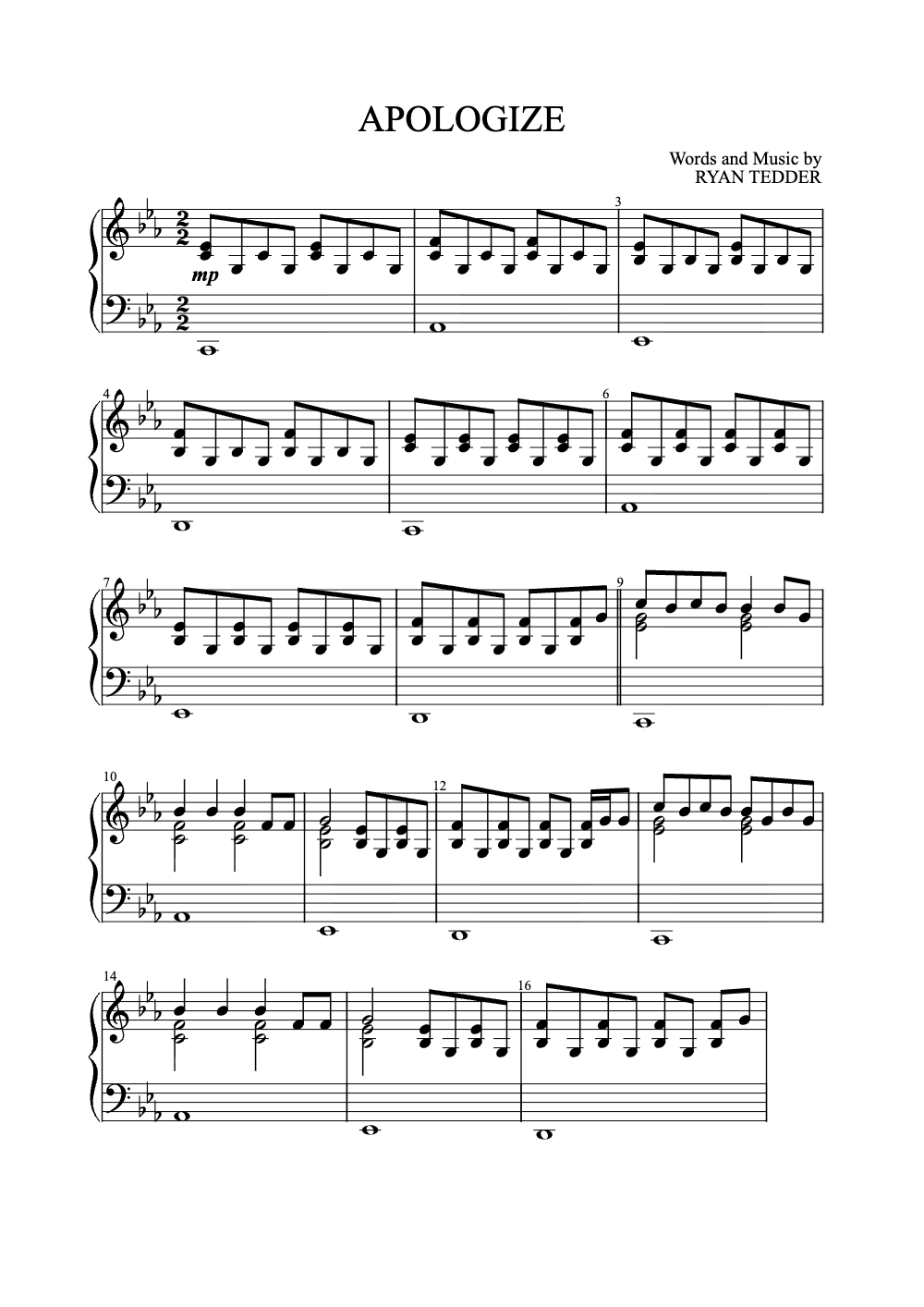 Sheet music preview for Apologize