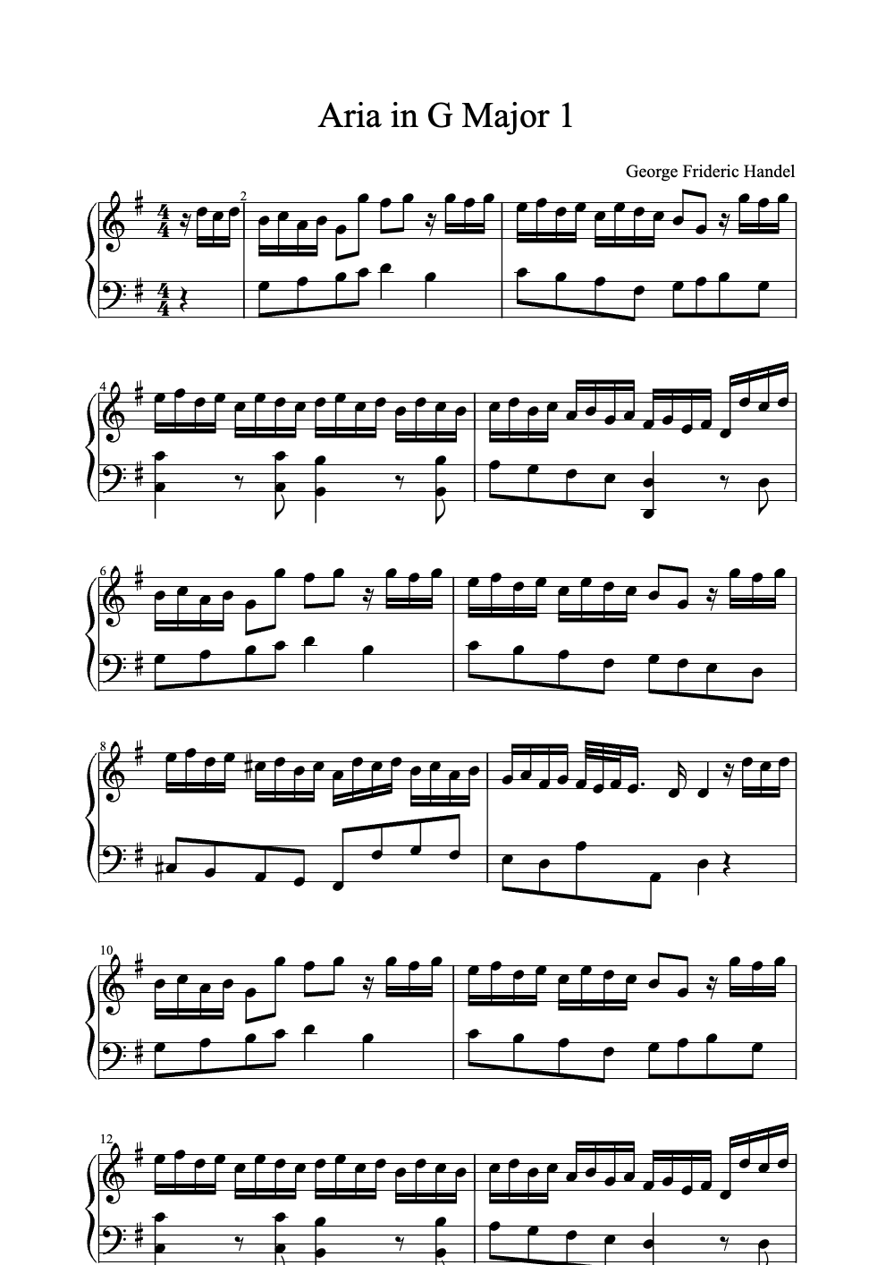 Sheet music preview for Aria in G Major 1