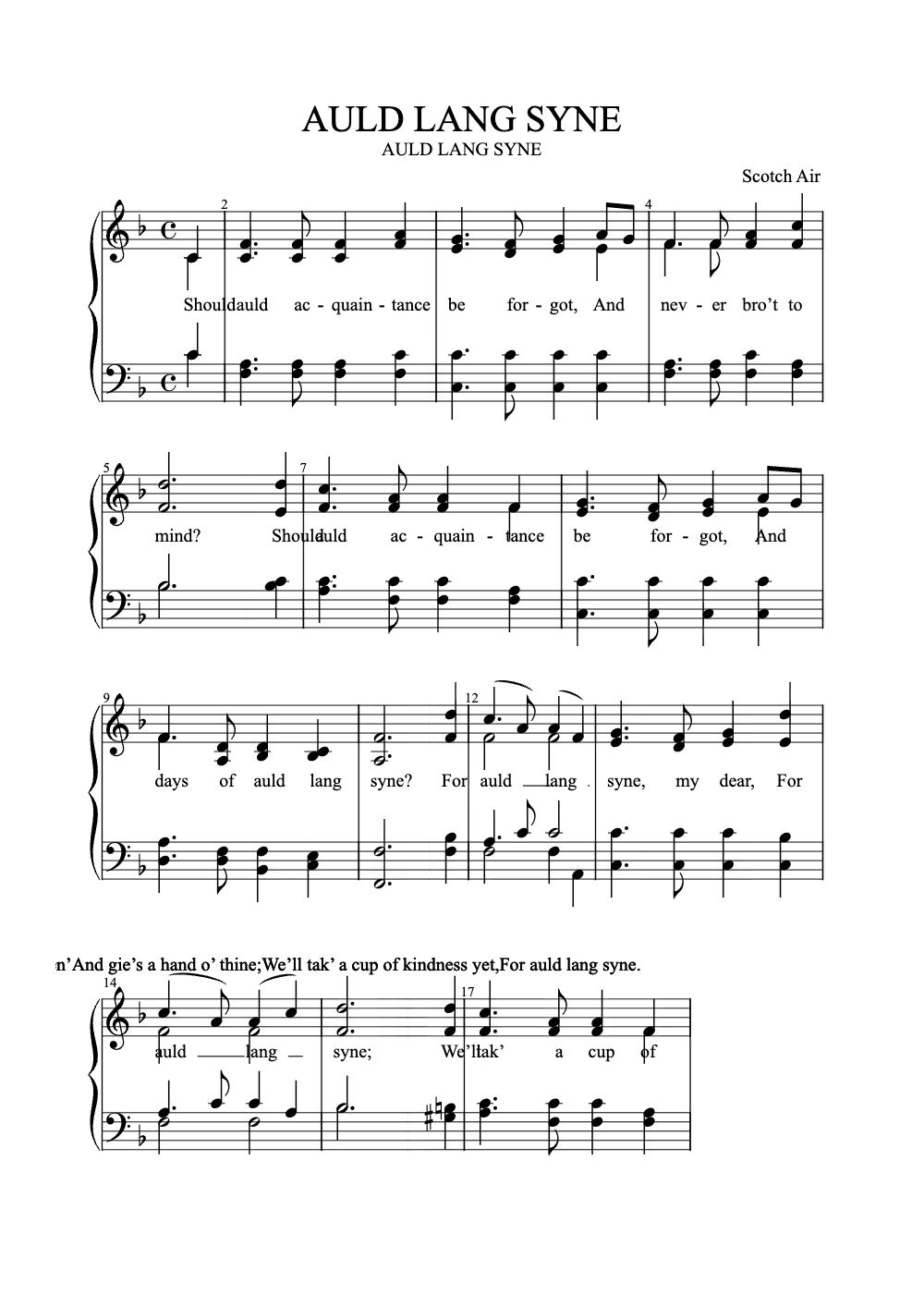 Sheet music preview for Auld Lang Syne