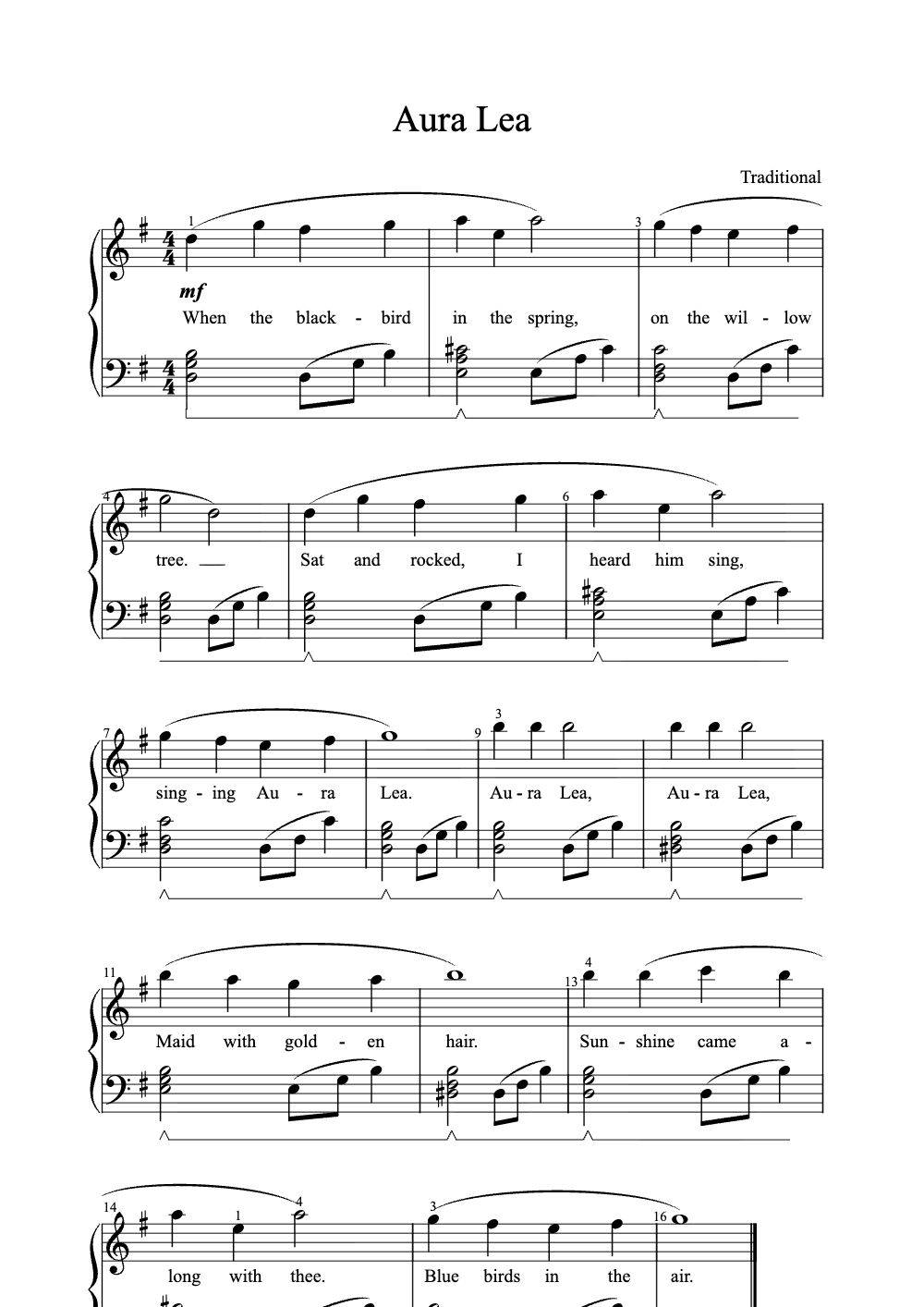 Sheet music preview for Aura Lea