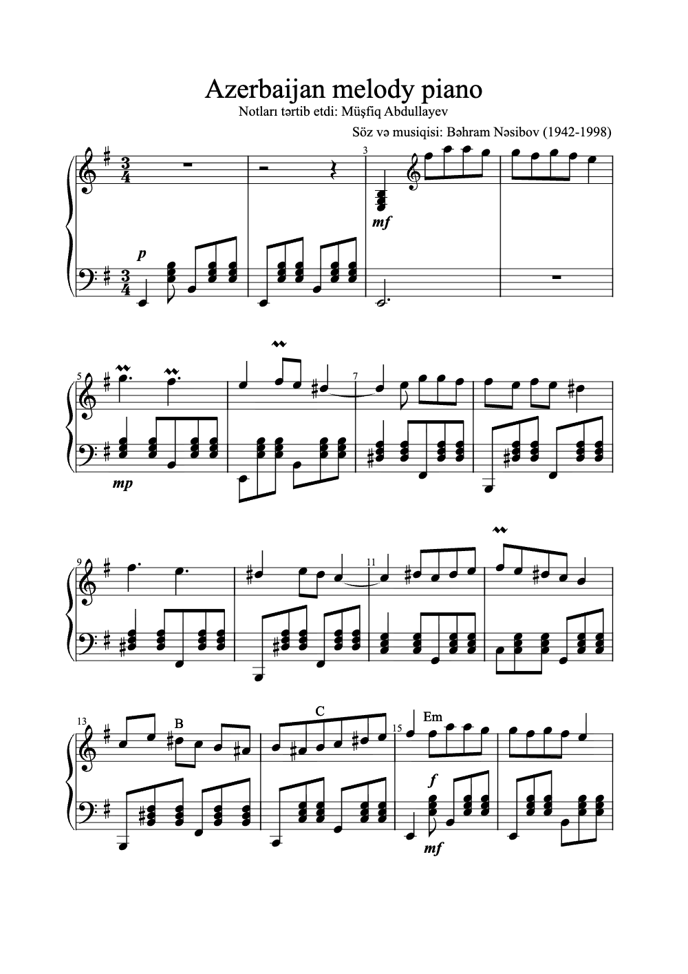 Sheet music preview for Azerbaijan Melody