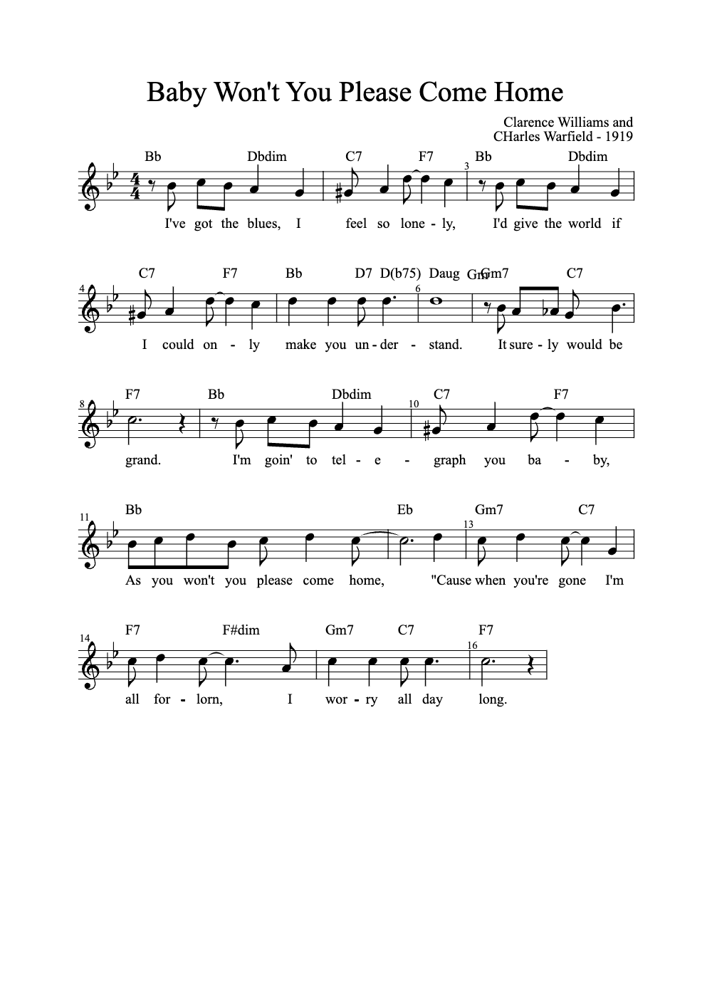 Sheet music preview for Baby Won't You Please Come Home