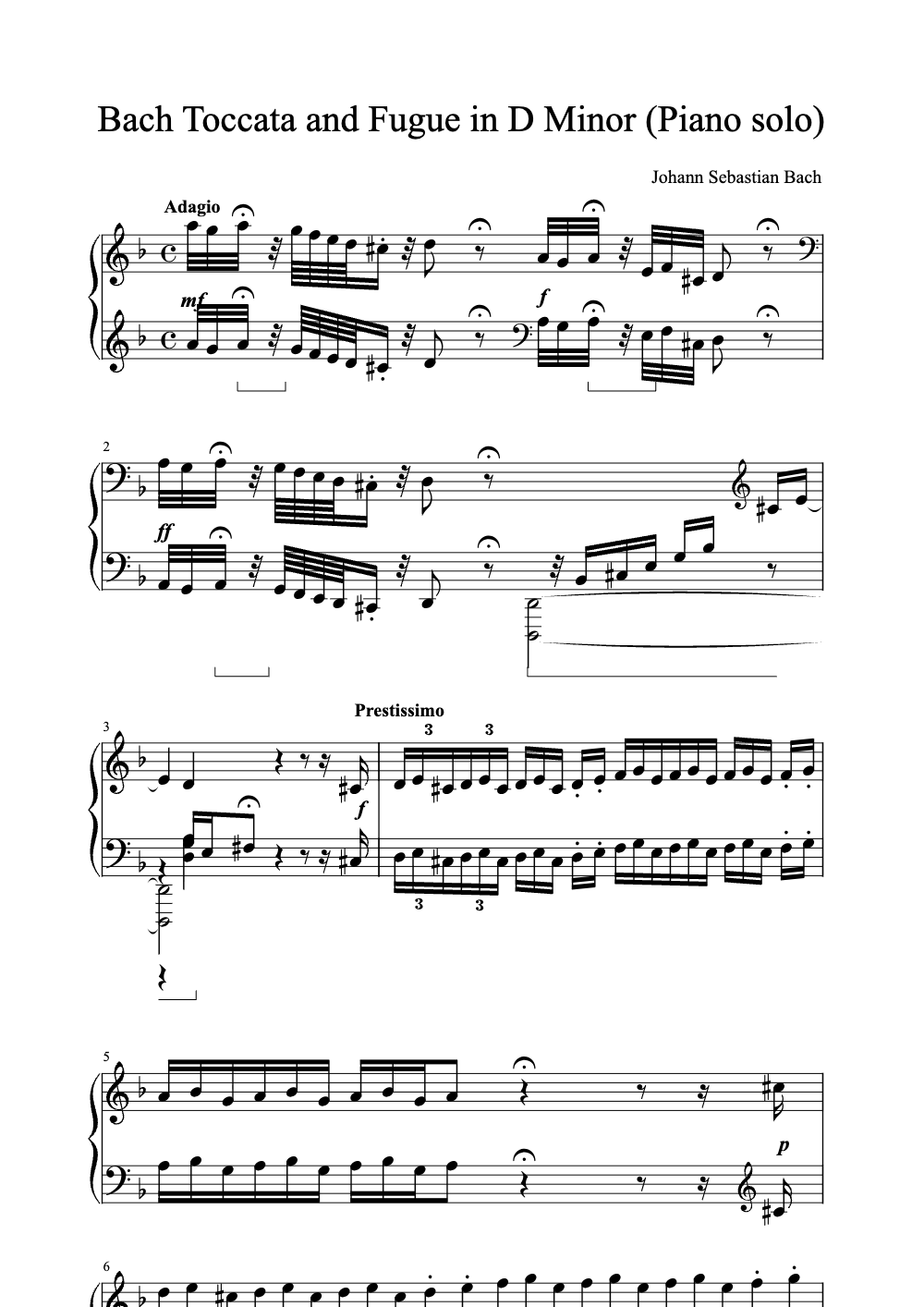 Sheet music preview for Toccata and Fugue in D Minor