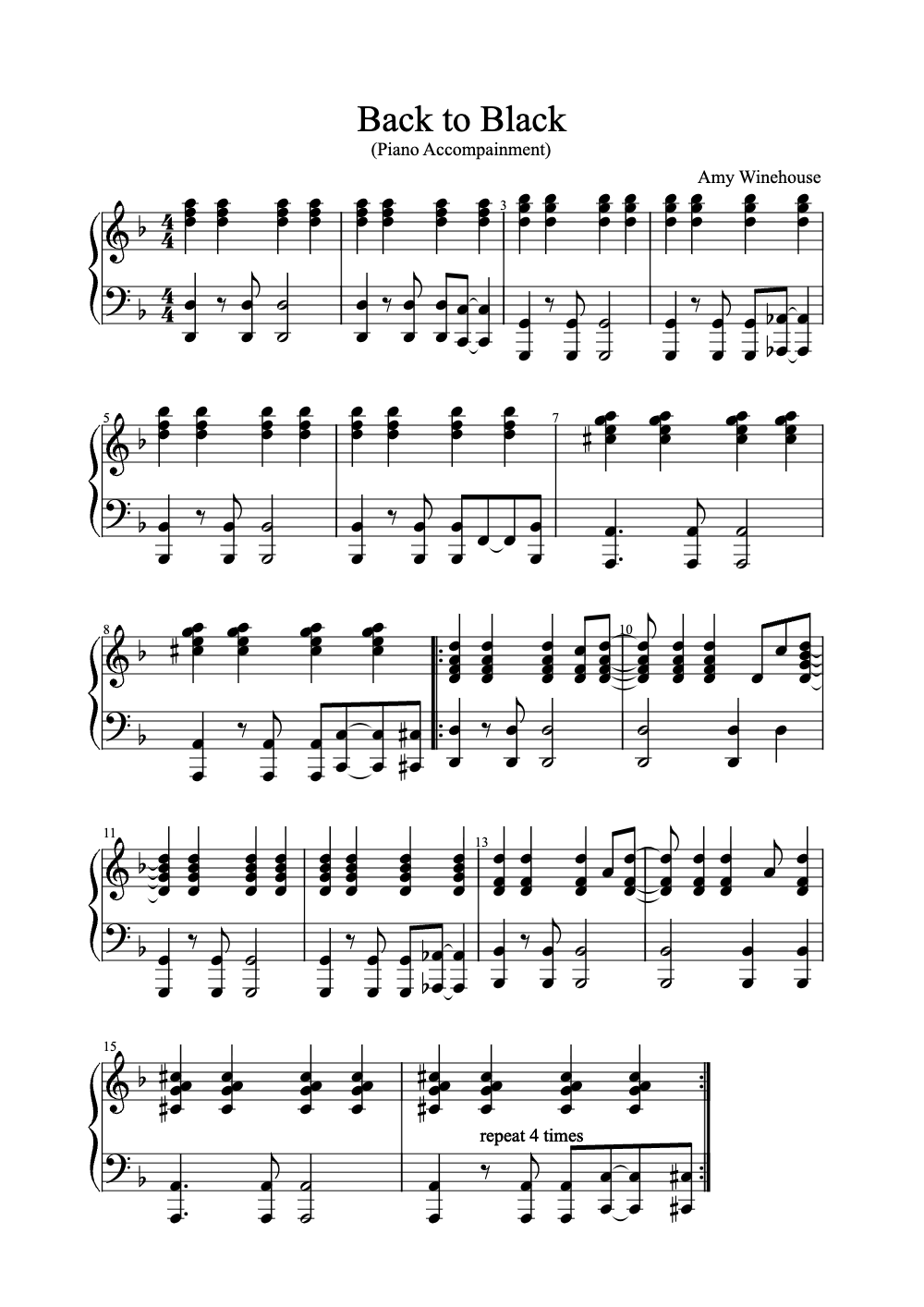 Sheet music preview for Back to Black