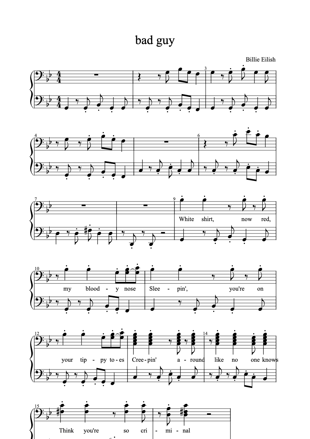 Sheet music preview for Bad Guy
