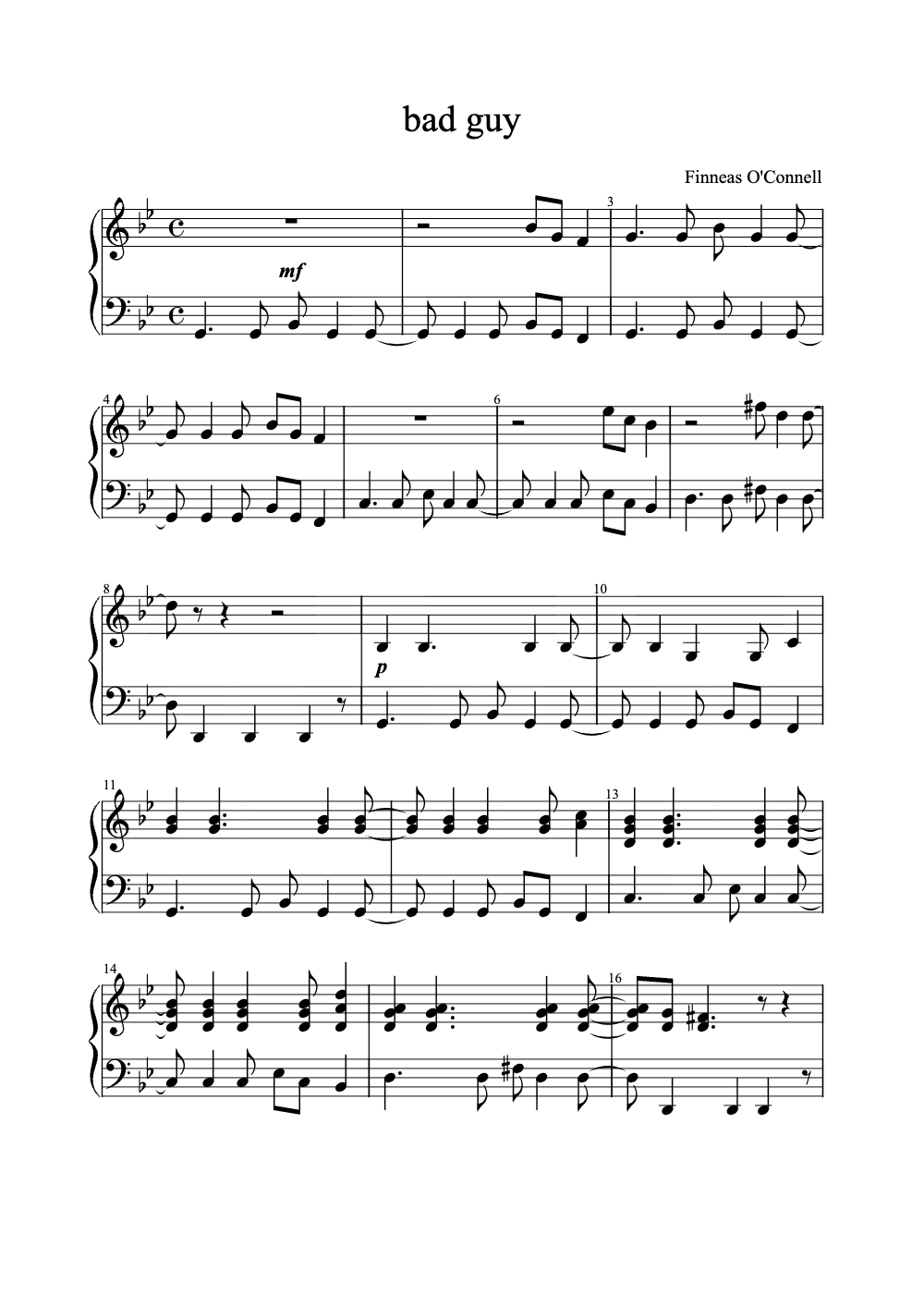 Sheet music preview for Bad Guy