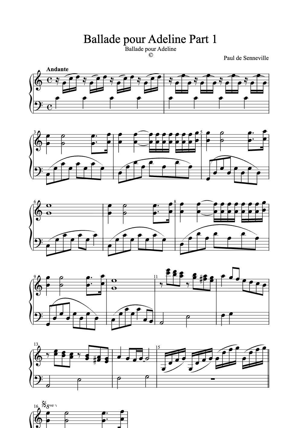 Sheet music preview for Ballade Pour Adeline Part 1