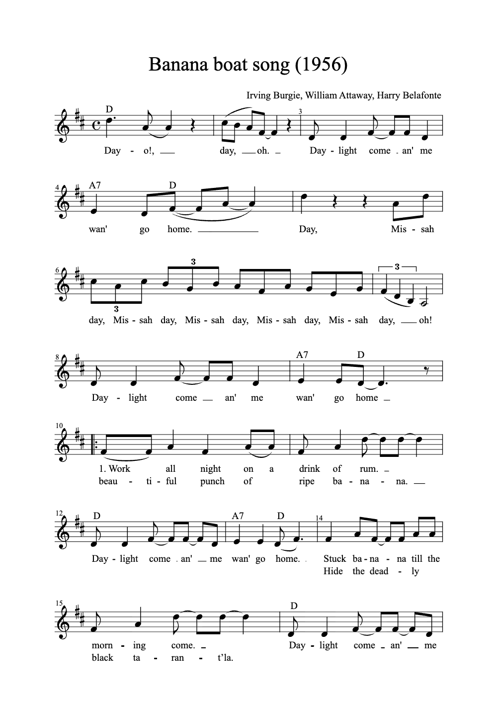 Sheet music preview for Banana Boat Song