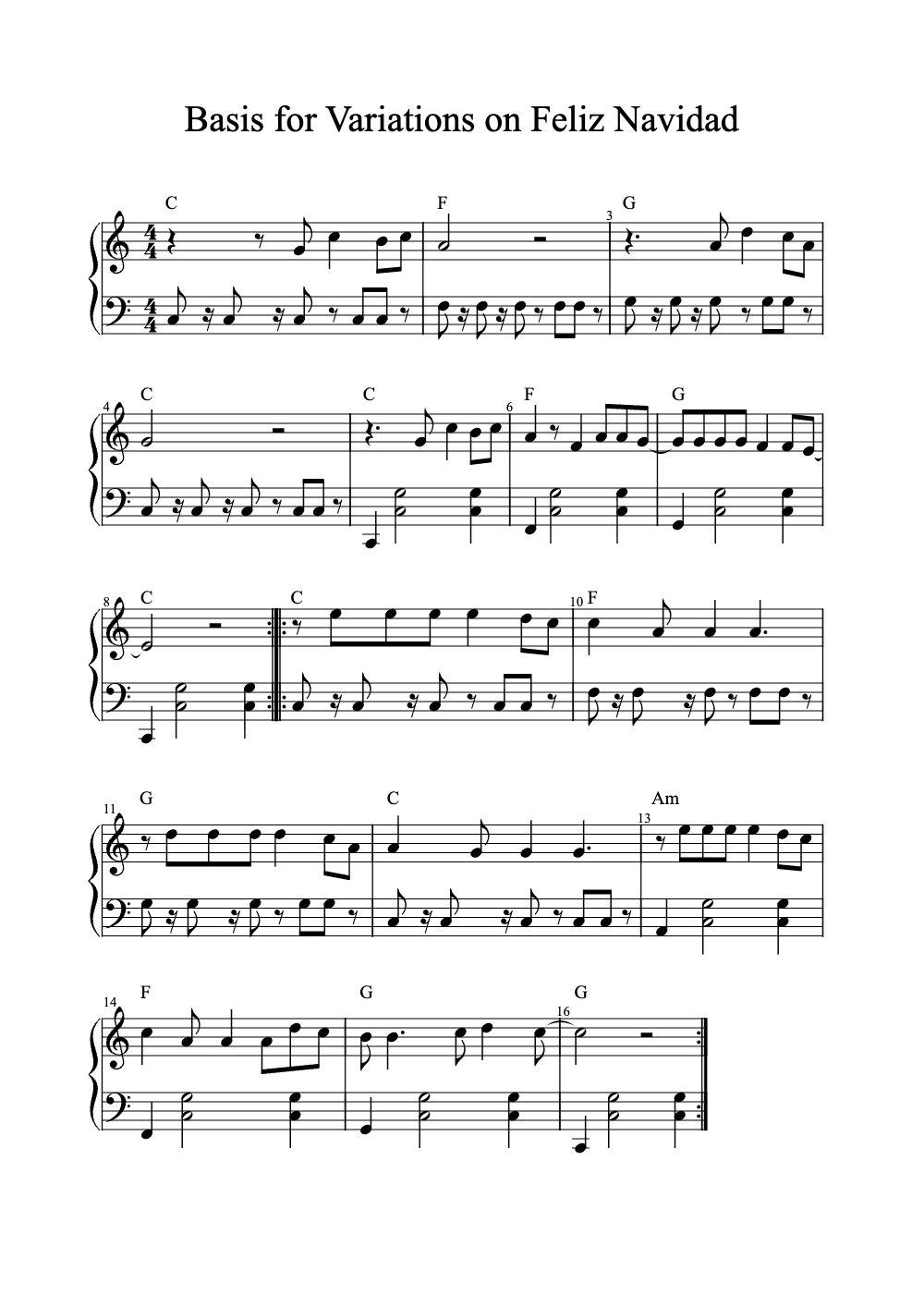 Sheet music preview for Basis for Variations on Feliz Navidad