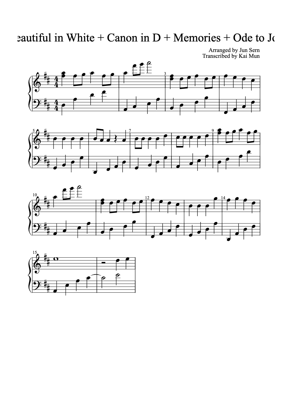 Sheet music preview for Beautiful in White + Canon in D + Memories + Ode to Joy