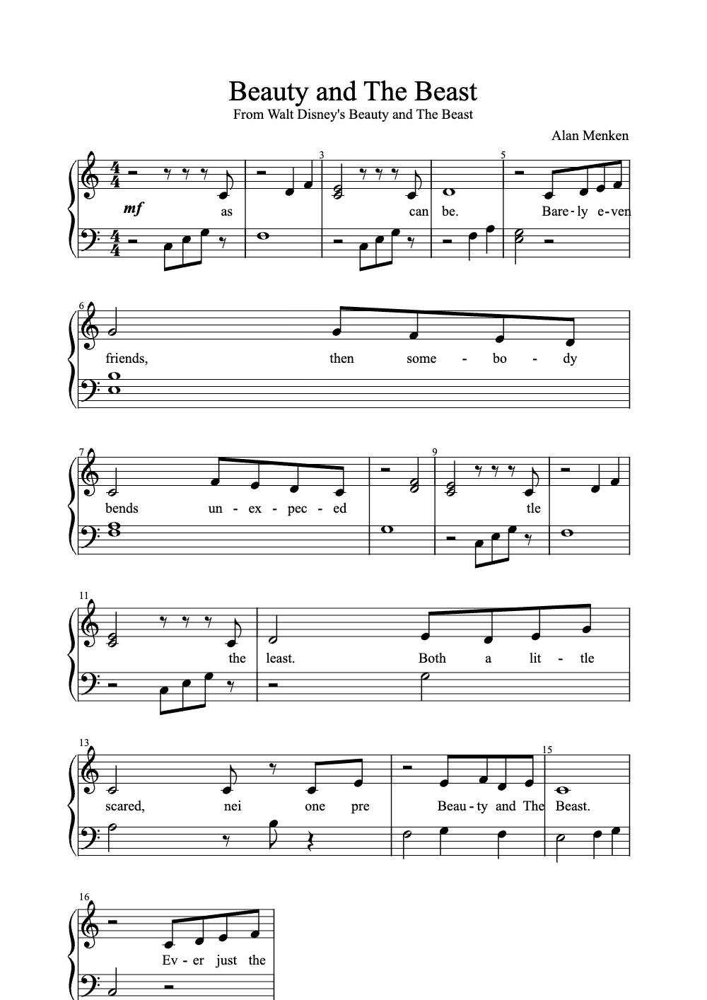 Sheet music preview for Beauty and the Beast