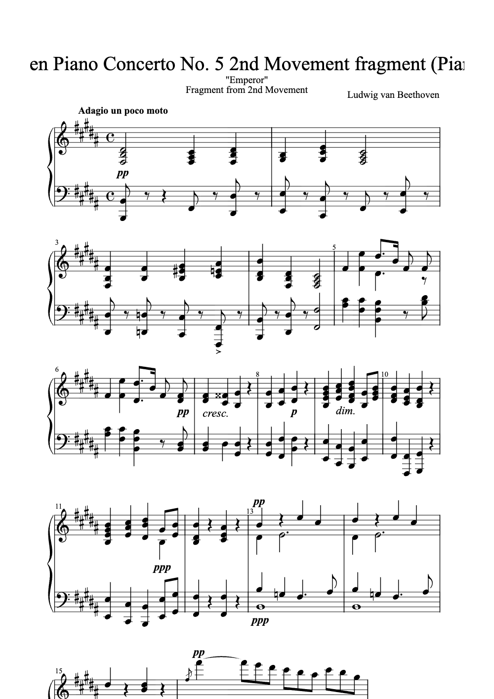 Sheet music preview for Piano Concerto No. 5 in E-flat major, Op. 73: II. Adagio un poco mosso