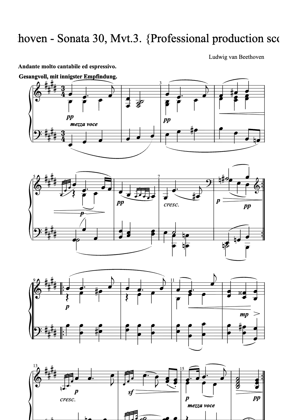 Sheet music preview for Sonata No. 30 in E Major, Op. 109, Mvt. 3