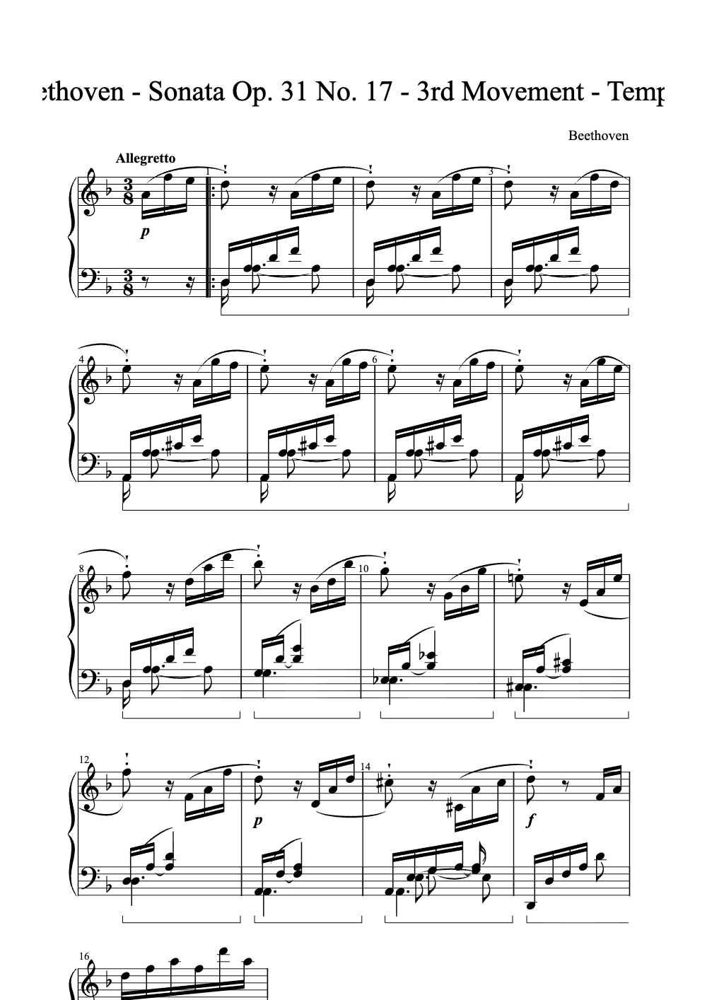 Sheet music preview for Sonata No. 17 in D Minor, Op. 31, No. 2 - 3rd Movement (Tempest)