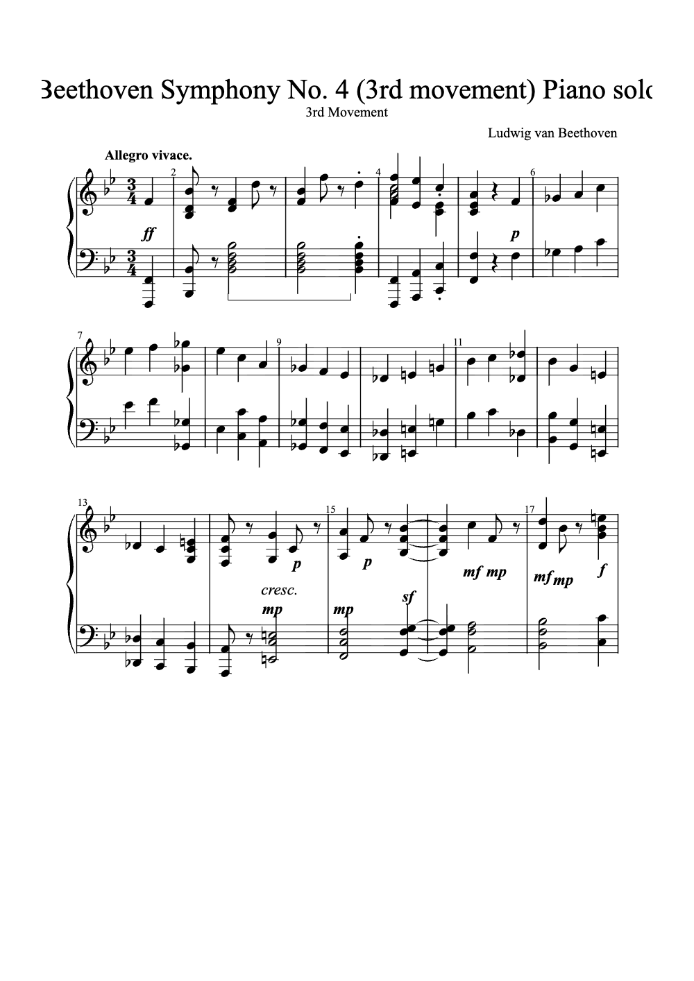 Sheet music preview for Symphony No. 4 in B-flat Major, Op. 60: III. Allegro vivace