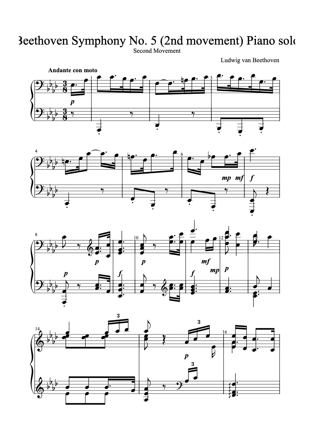 Sheet music preview for Symphony No. 5 in C Minor, Op. 67: II. Andante con moto