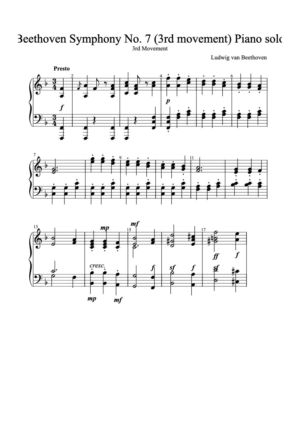 Sheet music preview for Symphony No. 7 in A Major, Op. 92: III. Allegretto