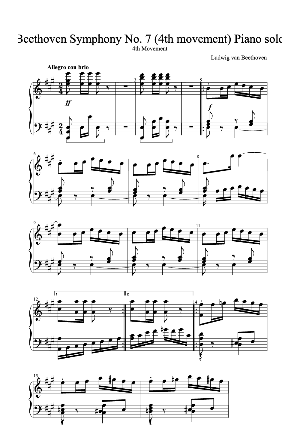 Sheet music preview for Symphony No. 7 in A Major, Op. 92 (4th Movement)