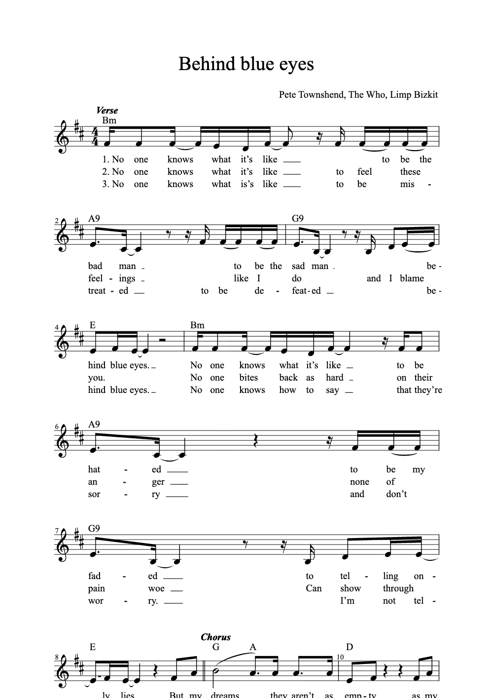 Sheet music preview for Behind Blue Eyes